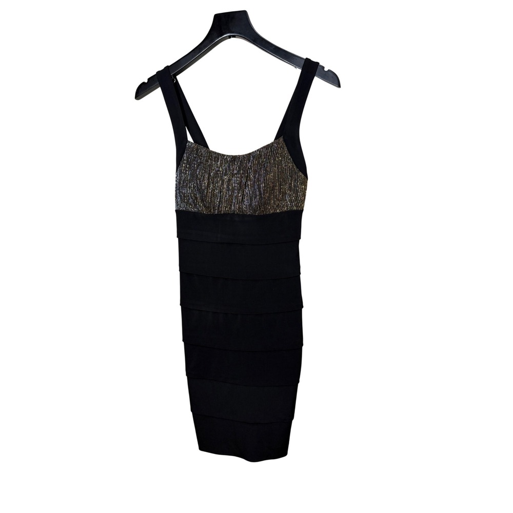 Sweet Storm‎ Y2K Womens Black Metallic Gold Silver Tiered Bodycon Dress Small